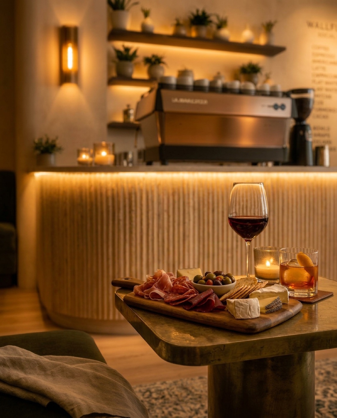 A board and a glass after dark
